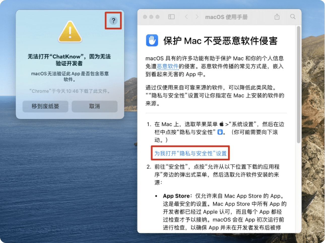 macOS 开发者无法验证提示与隐私和安全设置示例
